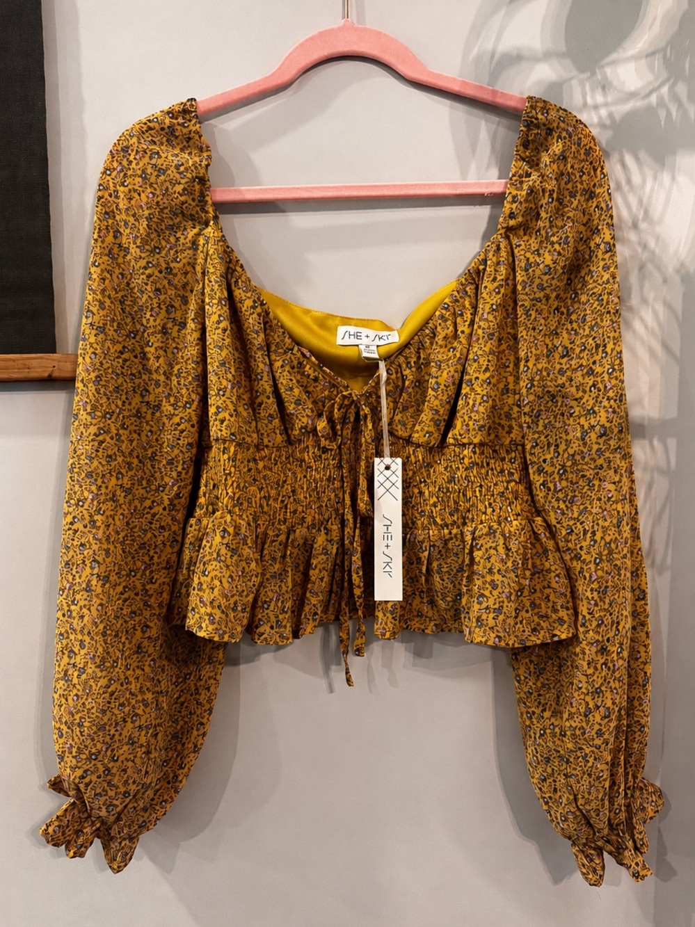 She + Sky Mustard Ditsy Floral Smocked Peasant Top